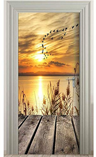Adhesivo para puerta autoadhesivo 3D con puesta de sol y amanecer, paisaje, papel pintado de PVC, resistente al agua, imágenes de pared extraíbles para dormitorio o salón (77 x 200 cm)