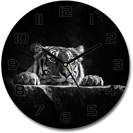 Tulup Glasuhr ⌀ 30cm - Schwarze Zeigern - Wanduhr Wandkunst Bild Gehärtetem Glas Uhr Echtglas Küche Wohnzimmer - Tiger