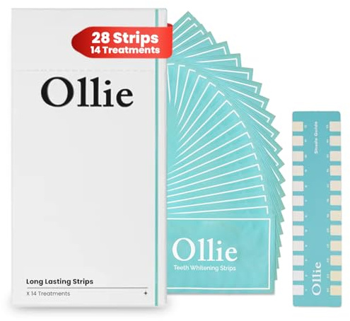 Ollie Teeth Whintening Strips, 28 PCs, 14 Treatments, Includes Shade Guide to Track Progress, Super Sticky Non - Sensitive White Strips for Teeth Whitening