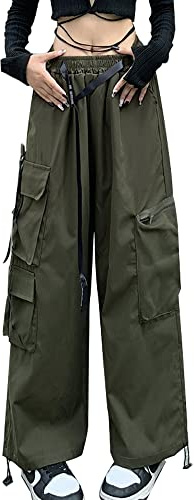 Hewlshawn cargobyxor för kvinnor hög midja säckig breda ben streetwear byxor, Grön, L