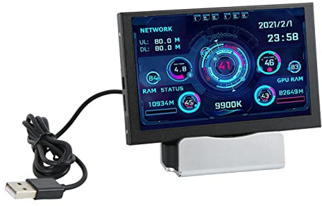 PUSOKEI 5 Zoll IPS USB Bildschirm, PC CPU GPU RAM Datentemperaturmonitor, USB C IPS Vollbetrachtungswinkel PC Sensorpanel Display mit Basis und Hub, für Systeme