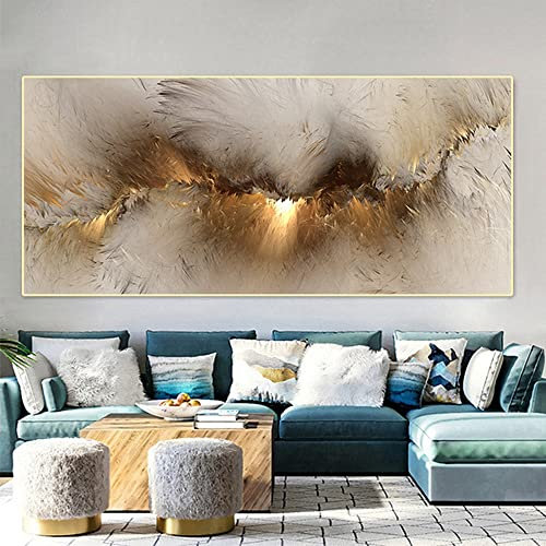 HEHGVCF Abstrakte Leinwand Bilder 70 x 140cm Große Größe Golden Wolken Blau Aurora Wandmalereien Wohnzimmer Schlafzimmer Home Home Wandmalerei Dekoration Rahmenlose (B,70x140cm)