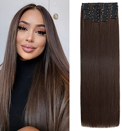 S-Noilite Clip in Extensions 56 cm 12 Teiliges Haarverlängerungen Glattes Haar Clip Extensions Synthetik Lang Haarextension Clips Haarteile für Damen - Hellbraun