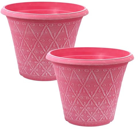 CTI Living Set of 2 Round 30cm 12 Inch Garden Plant Pot Pink Outdoor Planter 10L Decorative Cover Drainage Hole Weatherproof