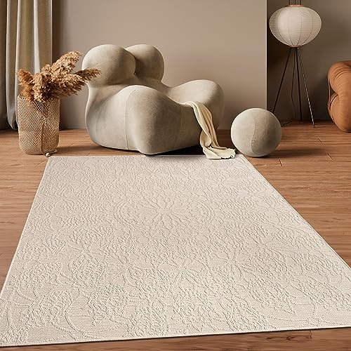 Paco Home Outdoor Teppich Wetterfest Balkon Küche Wohnzimmer Orientalisches Muster Vintage Optik Einfarbig 3D Modern, Grösse:240x340 cm, Farbe:Creme 3