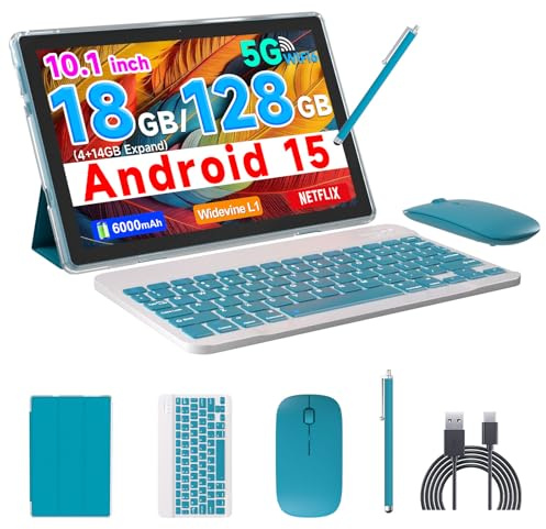 COOPERS Tablet Android 15, 10 inch Tablet 18GB RAM+128GB ROM 2TB Expandable, 2.0Ghz Quad-core Processor, 5G WiFi6 BT 5.0, Dual Cameras, 2 in 1 Tablets with Keyboard Case Mouse Stylus, Widevine L1 Blue