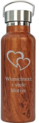 Isolierflasche 500 ml in Holz Optik mit Gravur und Motiv – personalisierte Thermosflasche für unterwegs, outdoor, auslaufsicher, recycelter Edelstahl, Deckel mit Henkel, Geschenkidee