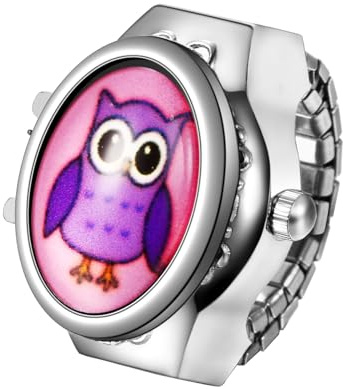 Silverora Ringuhr Fingeruhr Edelstahl Elastisches: Eulen Analoge Quarz Uhrenring Verstellbar Edelstahlband Ring Uhren mit Arabische Ziffern Genschenke für Frauen Mädchen Lila