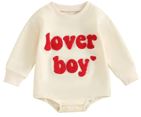 Carolilly Toddler Baby Boys Valentine's Day Romper Long Sleeve Newborn Infant Sweater Romper Sweatshirt Letters Bodysuit Boys Baby Playsuit Party Clothes (Beige1, 3-6 Months)