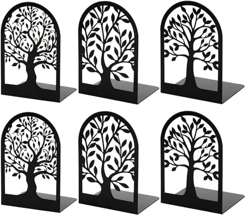 MEETOZ Metal Bookends for Shelves Decorative, Book Ends, Bookends, Non-Skid Bookend, Tree Stopper for Heavy Books, Modern Book Shelf Ends for Home (3 Pairs/6 Pcs)