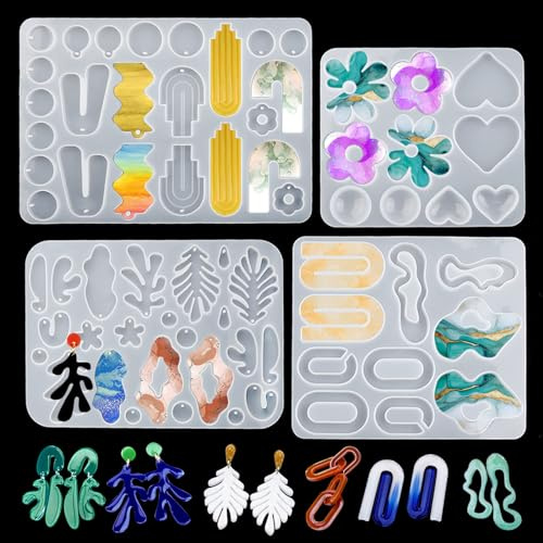 EPODA 67 Pièces Moules en Silicone Resine Epoxy de Bijoux boucle doreille avec Trou, Moules de Coulée en Silicone resine Bijoux pour pendentif, Feuilles, cœurs, cercles, fleurs