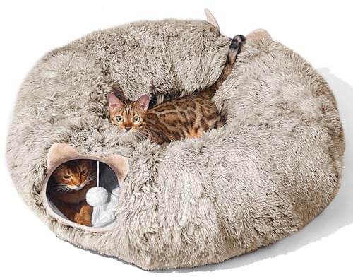 Katzentunnel mit Bett für Indoor-Katzen, weicher Plüsch, Peekaboo Höhle, Donut-Tunnel, multifunktionaler Spielplatz, Spielzeug, Versteck für kleine, mittelgroße und große Katzen, Kätzchen, Kaninchen