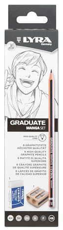 LYRA Graduate Manga Graphitstifte Radierer Spitzer Kartonetui 8 Stk. | Fine Art, sechskant, Mine 3,8mm, sortierte Härtegrade, hart, weich, Zubehör
