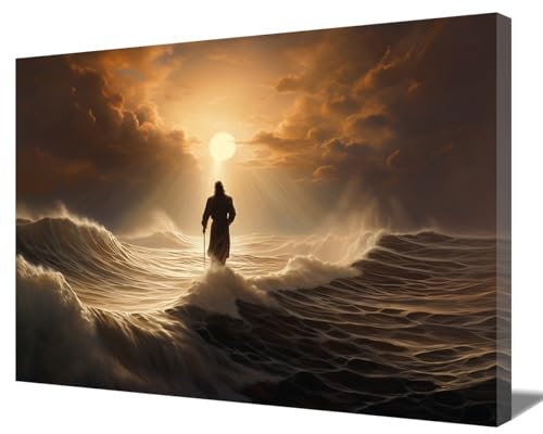 ZQQART Jesus Leinwandbild Gott wandelt im Wasser Gemälde Gott rennt dem verlorenen Lamm nach Bild inspirierendes christliches Blau katholische christliche Kirche religiöses Dekor (Jesus-A,30x45cm)