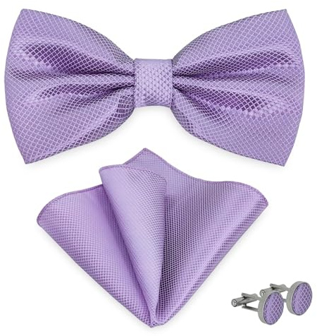 AUSUAYA Herrenfliege mit Einstecktuch und Manschettenknöpfen, Einstellbare Fliege mit Einstecktuch für Hochzeit Party M-B-TI9 (Lila)