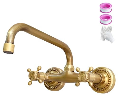 NIUKOMY Grifo Cocina Fregadero Pared Latón Antiguo, Mezclador Lavabo Mural Bronce, Giratorio 360° Retro Grifería de Doble Mango Para Cocina/Baño/Exterior, Caño 24 CM