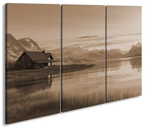 deyoli Leinwandbild Einsames Holzhaus am See, umgeben von Dämmerung und Bergen. Format: 120x80cm (3Teilig) Effekt:Sepia XXL Kunstdruck Bild auf Holzrahmen/Wandbild/Wohnzimmer Dekoration