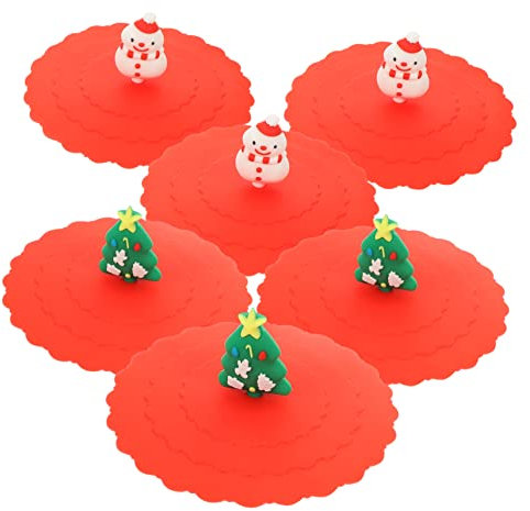 BUGUUYO 6stücke Silikon Becherdeckel Weihnachtsbaum Schneemann Design Wiederverwendbare Wasserdichte Tassenabdeckung Schmutz Und Spritzsicher Für Festliche Anlässe
