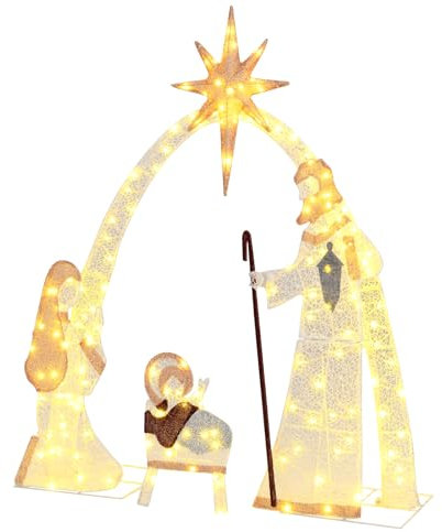 SPOTRAVEL Lighted Christmas Nativity Set, 110CM Light Up Christmas Holy Family Scene with 160 Warm White LED Lights, Zip Ties & Stakes, Pre-Lit Xmas Deer Holiday Decor for Yards Lawn Patio