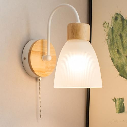 Indoor Wall Light with Pull Cord Switch Wall Lamp Wood Modern Glass Shade Interior Decor Round E27 Socket Industrial Wall Sconces Metal Mounted Simple for Bedroom Reading Bedside (White,1 Pack)