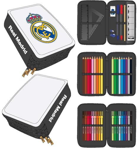 Federmäppchen mit Zubehör von Giotto Real Madrid, mit Bleistiften, Filzstiften und Kugelschreibern, Dreifach-Schuletui für Fußballfans