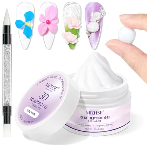 MIZHSE 3D Nail Gel for Sculpting, White Hard Gel for Nail Art, Non-stick, Solid UV Gels, 3D Builder Gels for Sculpture/Moulding, White,15g