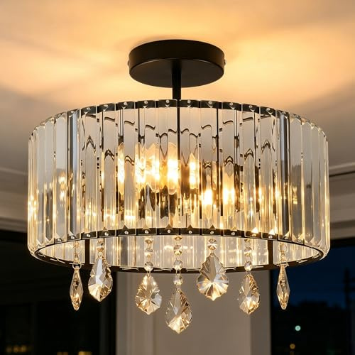 ANWIO Lámpara de Techo de Cristal, Lampara Salon Techo Cristal con 3 E27 Bases, Plafones de Techo Modernos Negro de Mayor Tamaño,Candeeiro Teto para Dormitorio, Cocina,Comedores(36.5CM, Sin Bombilla)