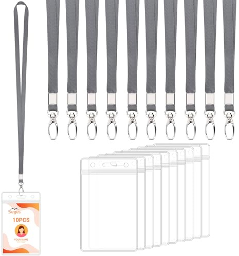 Segus Kartenhülle mit Band, 10 Stück Ausweishalter mit Band, Schlüsselband zum Umhängen, Id Card Holder Transparent, für Lehrer, Studenten, Mitabeiter (Dunkelgrau, Vertikale)