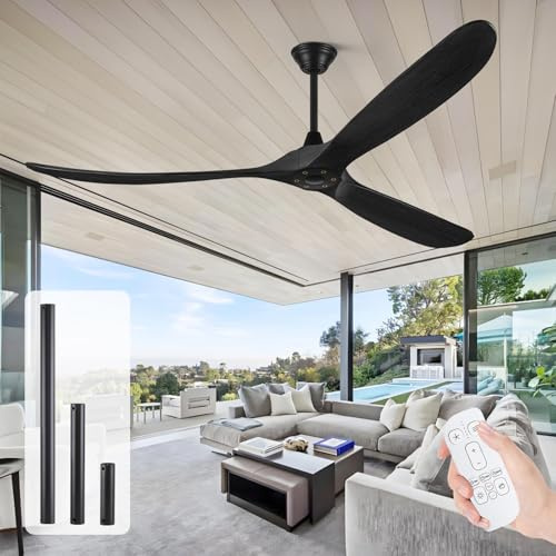 Uaikiea 178 cm große Deckenventilatoren Holz ohne Licht, schwarze Deckenventilatoren für den Außenbereich für Terrassen für Wohnzimmer, Schlafzimmer, Veranda, Küche, Garage