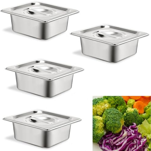 ORFCP 4 Stück Behälter 1/6 Edelstahl mit Deckel, 65 mm Höhe Warmhaltebehälter Essen, lebensmittelechter Gastronormbehälter aus Edelstahl, Hitzebeständiger Gastro Behälter, 17,5 x 16,2 x 6.5 cm