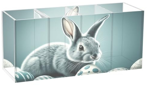 RPLIFE Pot à crayons transparent à 4 compartiments, organiseur de rangement en acrylique pour pinceaux de maquillage, organisateur de bureau moderne pour l'école, la maison et le bureau, œufs de lapin