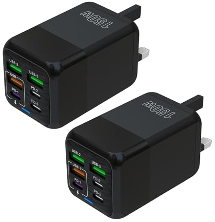 USB Plug Charger, 150W 6-Port Multi Charging Power Adapter with PD 25W Power Adapter QC 3.0 Fast Charging Plug for iPhone Android (black-2pcs)