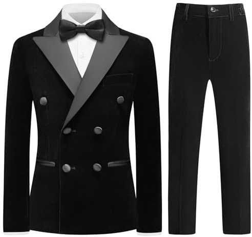 KUDMOL Boys Black Velvet Suit Size 8 Slim Fit 4 Pieces Double Breasted Kid Tuxedo Sets Wedding Outfits with Jacket Shirt Pants Bow Tie