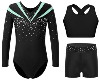 iiniim 3tlg.Mädchen Turnanzug Glitzer Gymnastikanzug Langarm Ballettanzug Gymnastik Leotard + Sport BH Tops + Shorts Turntrikot Wettbewerb Tanzkostüm B Hellgrün 146-152