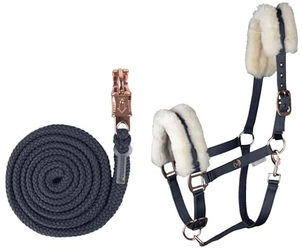 WALDHAUSEN Halfter Set Modern Rosé - Nachtblau - Elegantes Warmblut Pferdehalfter mit weichem Synthetik-Fell & geflochtenem Anbindestrick mit Panikhaken - hochwertig, verstellbar & komfortabel