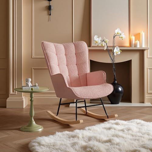 Yeutre Gungstol, gungstol, amningsstol, med högt ryggstöd, nalgstol i tyg för vardagsrum, sovrum, balkong (rosa)