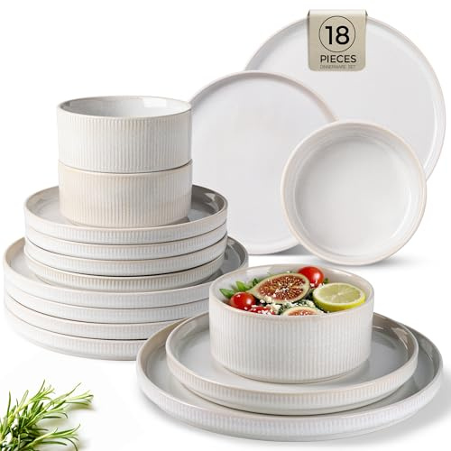 GBhome Steingut Geschirrset 6 Personen, 18-tlg Reaktive Glasur Handarbeit Steingut Geschirr Set, Mikrowellen- & Spülmaschinenfest Schüssel- und Teller Set