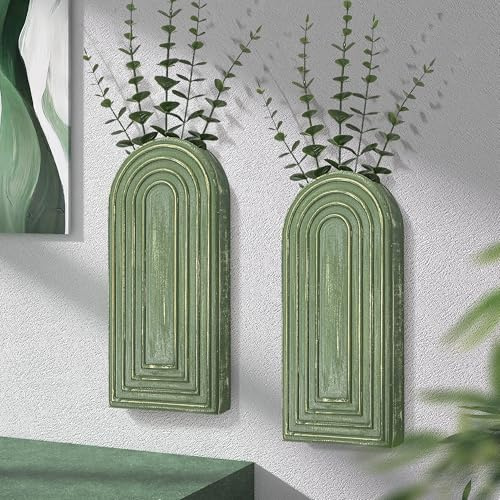 EOSAHR Pine Wood Wall Vases Set of 2 – Decorative Hanging Vases for Indoor Plants, Eucalyptus & Artificial Flowers – Best Boho Chic Decor Wall Art for Bathroom, Bedroom & Living Room (Green)