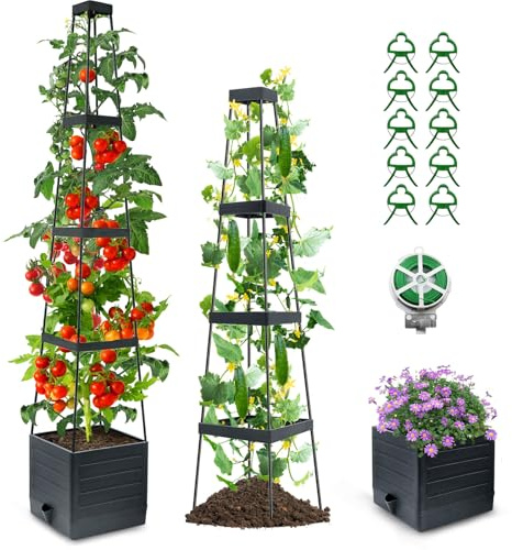 MQJIAZHI Erhöhte Pflanzkasten & Tomatenkäfig mit Rankgitter, selbstbewässernd, Tomatenstützen für kletternde Gemüsepflanzen – Geeignet für Terrassen, Gewächshäuser, Innen- & Außenbereich (2 Stück)