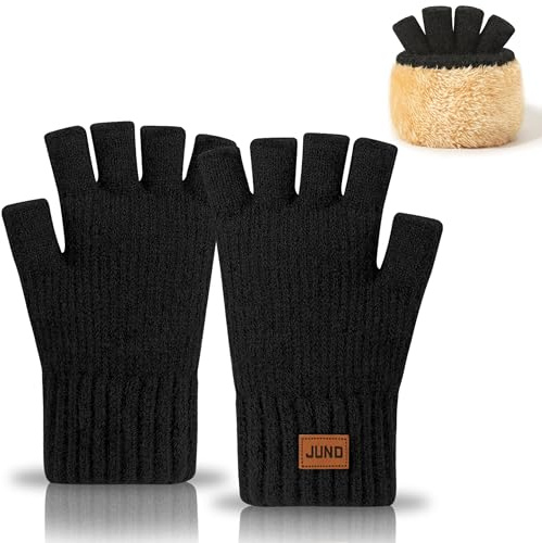 LUVEEVA Men's Fingerless Gloves with Soft Fleece Lining for Winter, Knitted Running Cycling Gloves (Fleece-Lined Black)