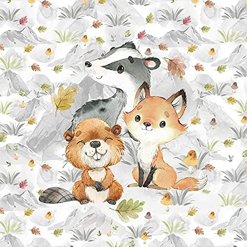 40x50cm Tiere French Terry Stoff Panel - Kinderstoff Sommersweat Stoffpanele zum Nähen für Kinder & Baby - keine Meterware - Waldtiere Stoffpanel mit Tiere im Wald - Herbstliebe Stoffe