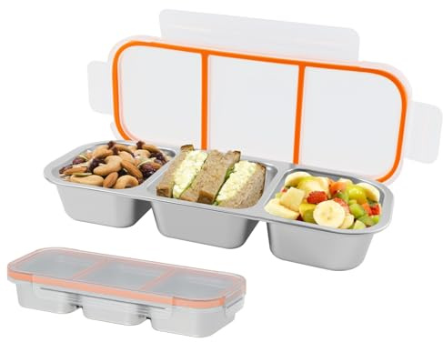 Fiambrera infantil con 3 compartimentos, 304 Fiambrera acero inoxidable, Hermética lunch box con tapa, Apto para microondas y lavavajillas, Para aperitivos, frutos secos, galletas y verduras (Naranja)