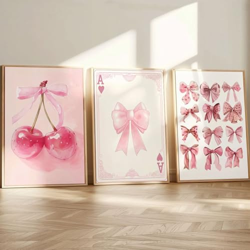 Xiyocadt 3er Rosa Poster Set, Aesthetic Bilder, Ästhetische Rosa Fliege Kirsche Wandbilder, Ohne Rahmen Leinwand Bild, Für Schlafsaal Teen Mädchen Zimmer Deko (30 x 40 cm)