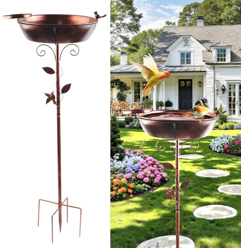 100 cm fågelbad i metall för trädgård, vintage fågelbad matningsskål med små fåglar och löv dekrering, stabilt stöd och enkel installation för trädgård uteplats gård