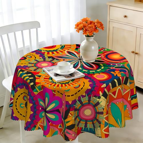 Tischdecke Rund 120 cm Wetterfest Abwaschbar - Polyester Boho Mandala Muster - Outdoor Tischdecke für Garten Küche Esszimmer Balkon - für 2-4 Personen - Wasserdicht & Langanhaltend