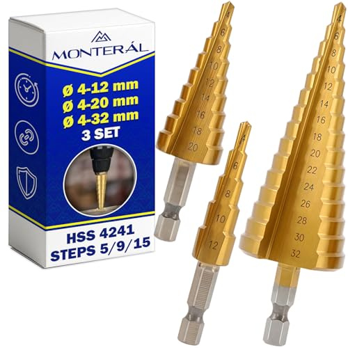 3 Piezas Broca Escalonada para Metal Ø 4-12 mm Ø 4-20 mm Ø 4-32 mm en Acero HSS 4241 con Recubrimiento Titanio - Broca Conica para Metal para Acero para Plástico - MONTERAL