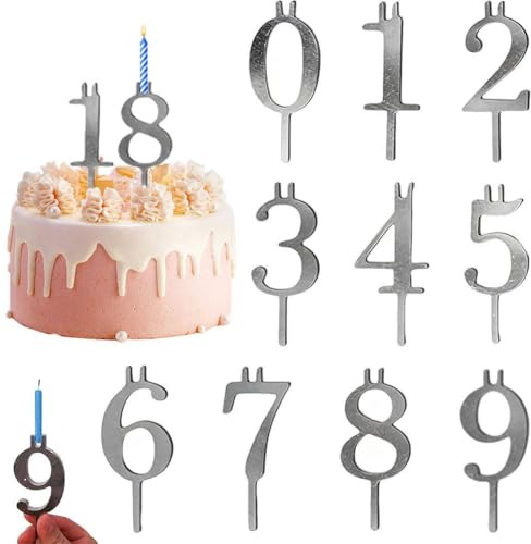 Digital Birthday Cake Candle Holder Set,10 Pieces 0-9 Number Cake Toppers,Reusable Metal Number Candles Holder Set for Birthdays Cakes Anniversaries Holidays Celebrations