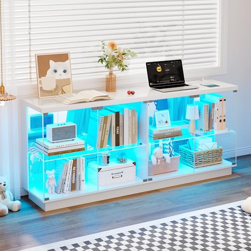 RGB Glasvitrine TV-Schrank mit Menschlicher Sensor für Wohnzimmer,Weiß | Niedriges Vitrine mit LED Beleuchtung,Steckdosen und Verstellbare Glasböden,Glas Sideboard mit USB für Schlafzimmer