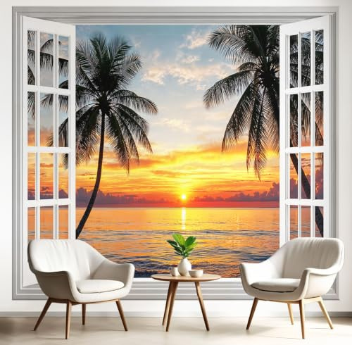 Papel Pintado Panorámico Palmeras Océano,300x210cm Puesta De Sol Vista Desde La Ventana Fotomural Mural de Pared para Salón y Habitación Decoración de Pared