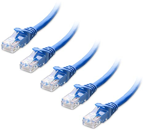 Cable Matters 5-Pack 10Gbps Snagless Cat 6 Ethernet Cable, 2.1m, Blue | 24 AWG Bare Copper, Gold-Plated RJ45 Contacts, 550MHz, PoE++, Cat6 LAN Cable for Routers, Switches and PCs